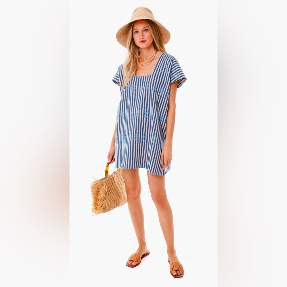 NWOT TUCKERNUCK Blue Stripe Mini Sullivan Embroidered Canvas Caftan, Size S